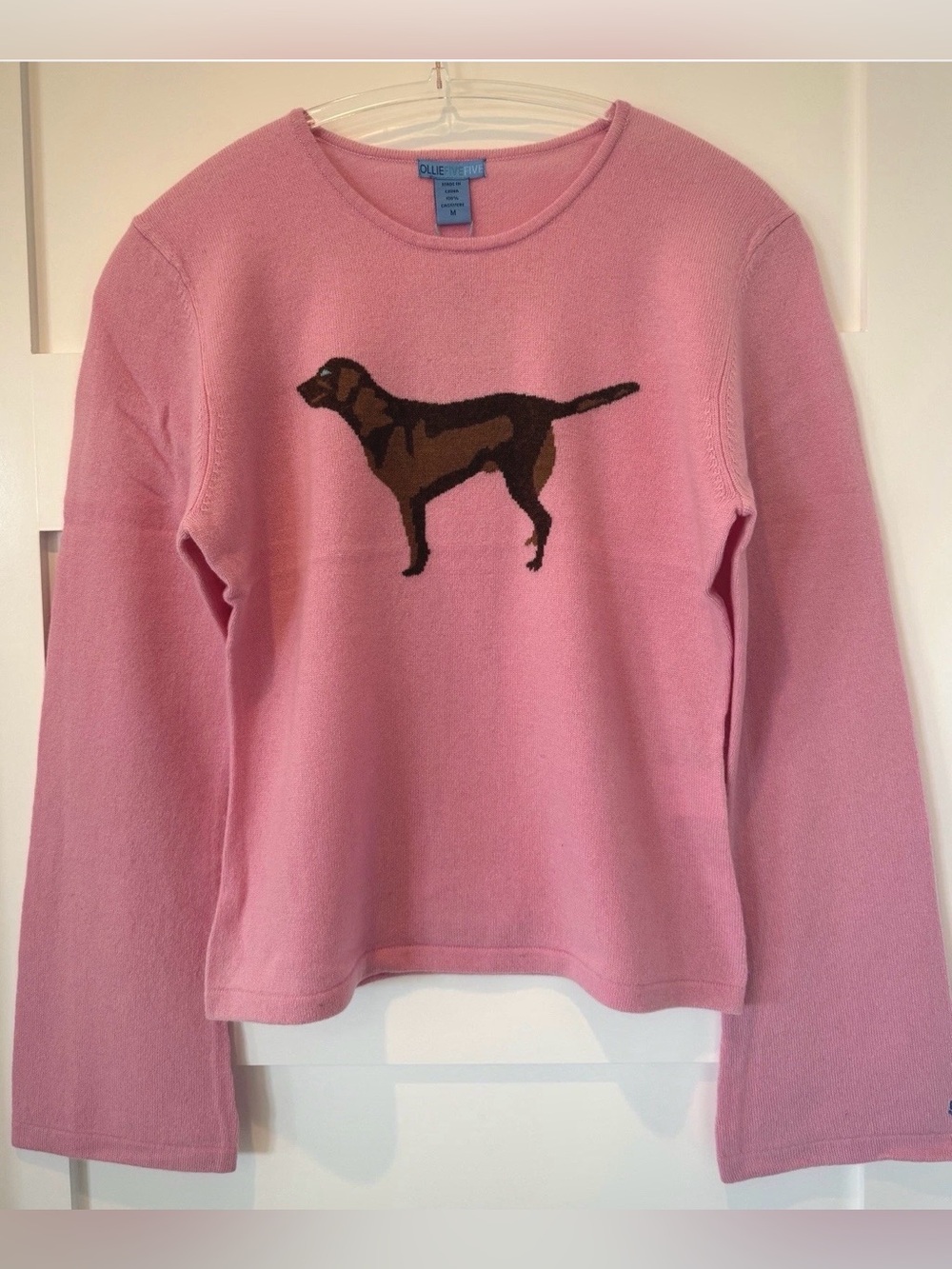 Women’s Pink 100% Cashmere Sweater Medium OllieFiveFive Brown Lab Dog NWT